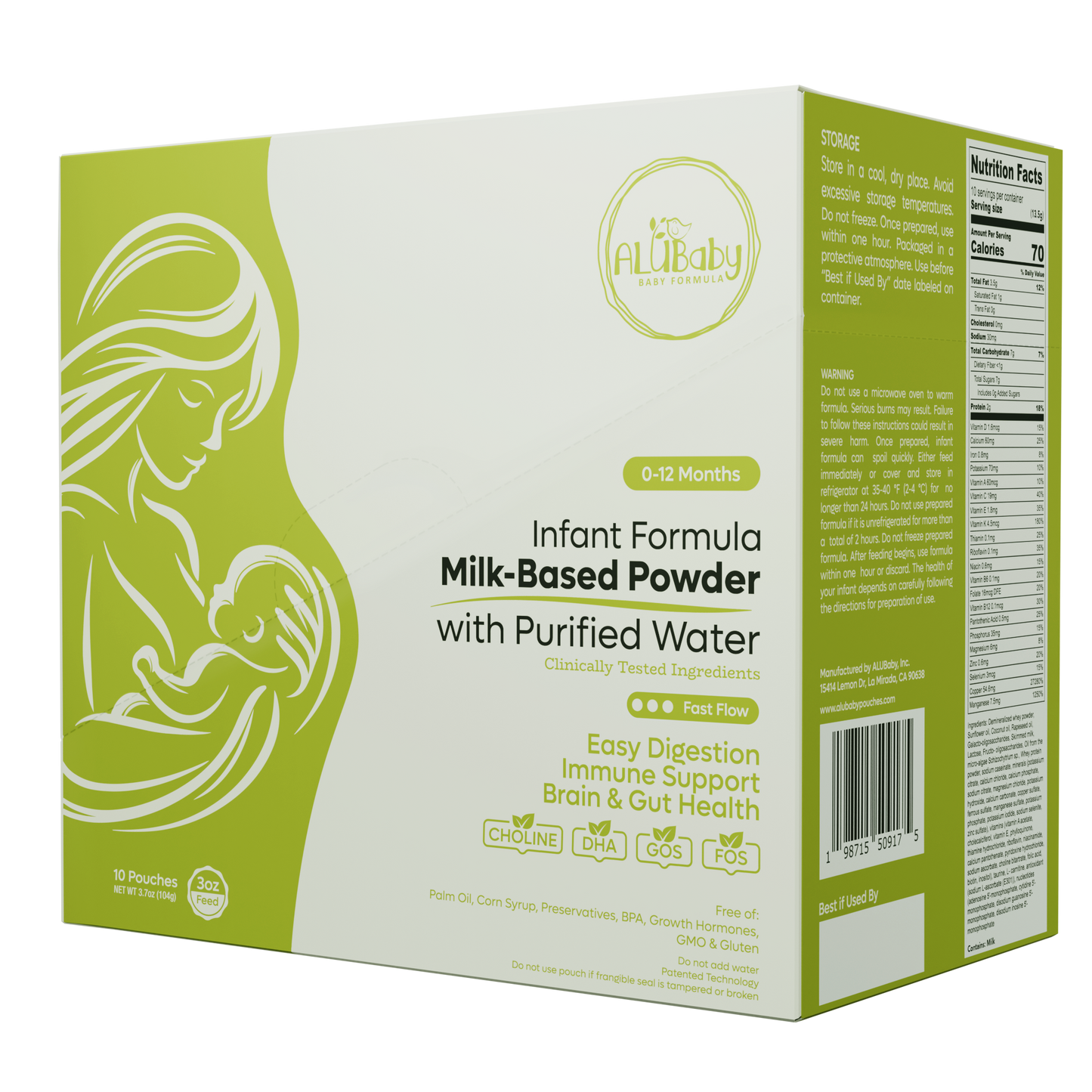 Right side angle of fully closed ALUBaby formula box – containing 10 ready-to-feed pouches