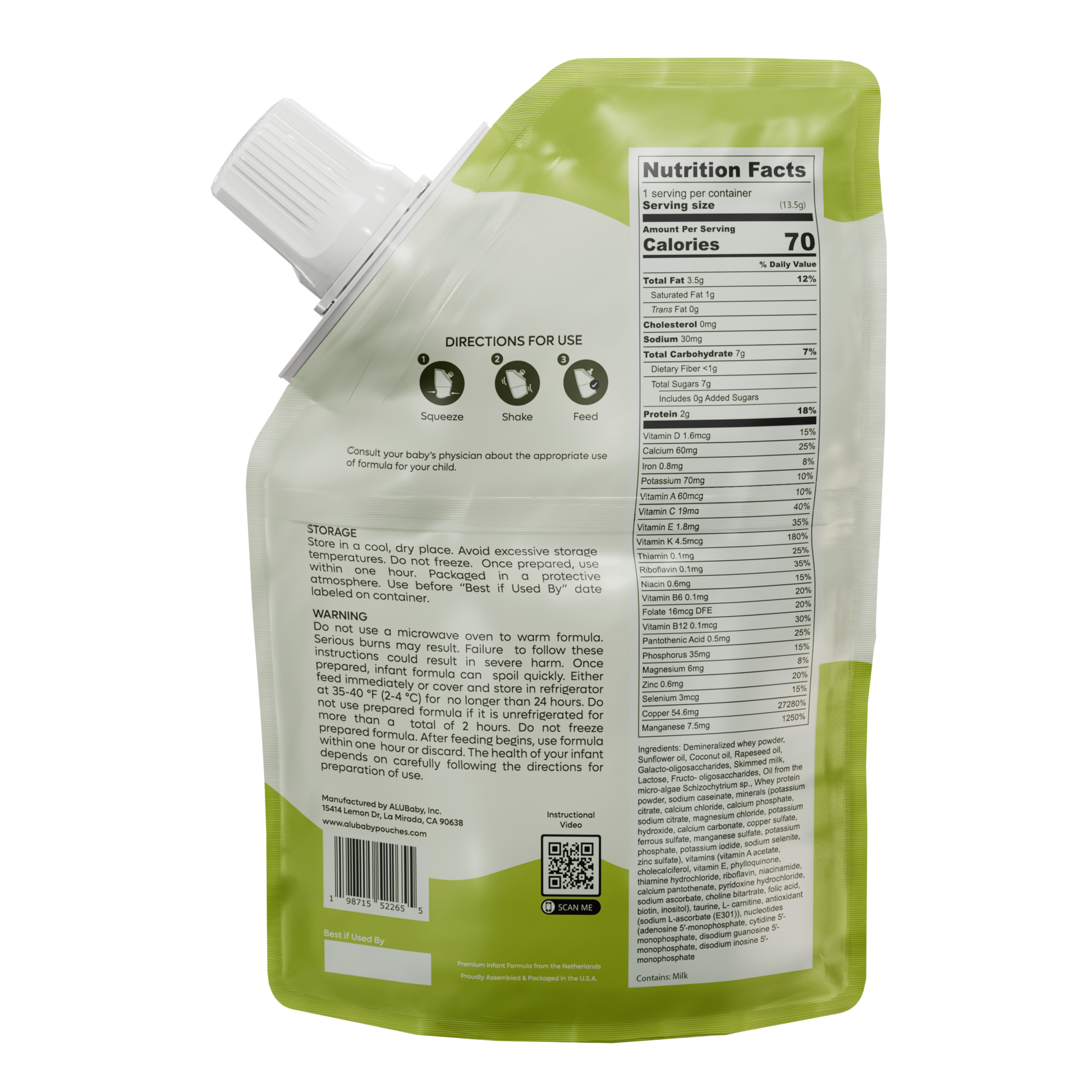Alubaby Back of ALUBaby formula pouch showing ingredients, usage directions, and nutritional information – cap on