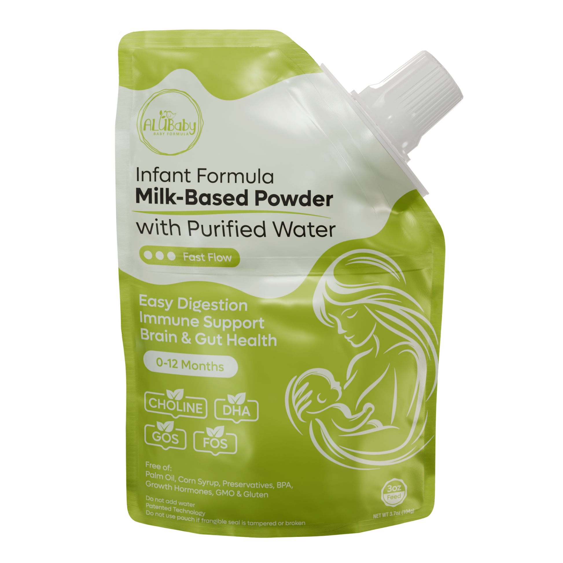 Alubaby Front view of ALUBaby infant formula pouch with cap on – milk-based, ready-to-feed formula for babies 0–12 months